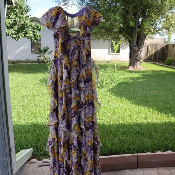 Flor et al Valles Floral Silk Chiffon Gown Ruffle Maxi Dress 100% silk size 2 - Picture 4 of 16